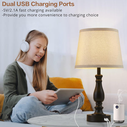 EJIAXIN Lamps for Bedrooms Set of 2, Brushed Nickel Bedside Lamps with USB C+A Ports,Dimmable Nightstand Lamps with Fabric Lampshade, Touch Table Lamp for Living Room Bedroom Office, Bulbs Included