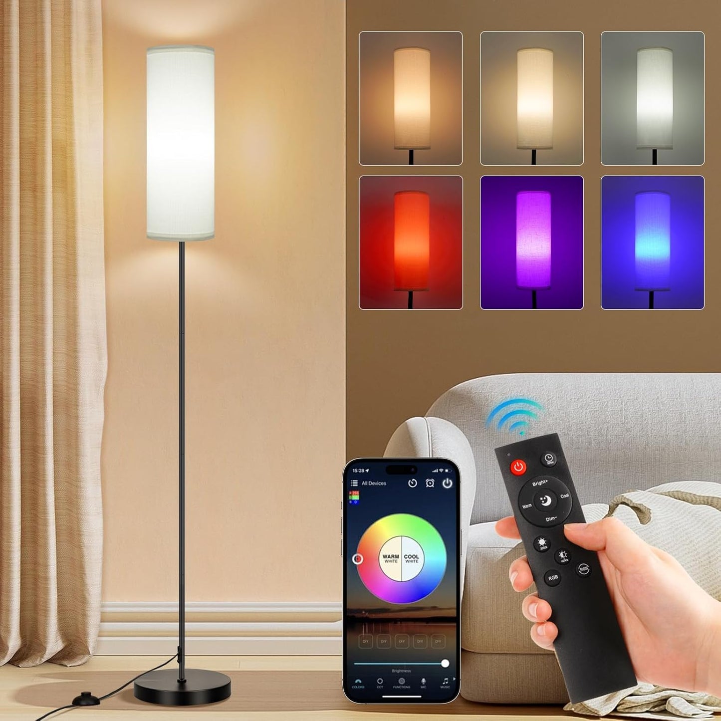 FRIDEKO HOME Floor Lamp, 9W 800LM Color Changing Smart Bulb, Beige Shade