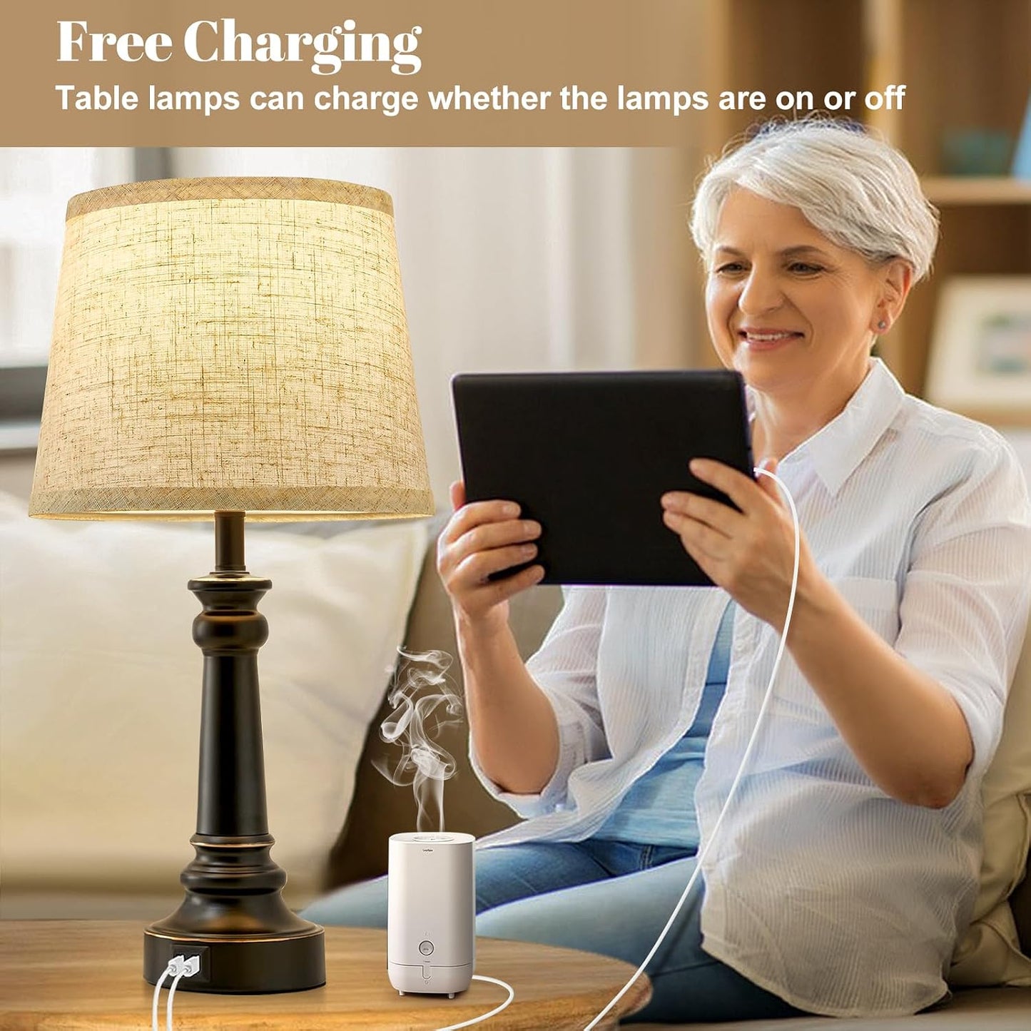EJIAXIN Lamps for Bedrooms Set of 2, Brushed Nickel Bedside Lamps with USB C+A Ports,Dimmable Nightstand Lamps with Fabric Lampshade, Touch Table Lamp for Living Room Bedroom Office, Bulbs Included