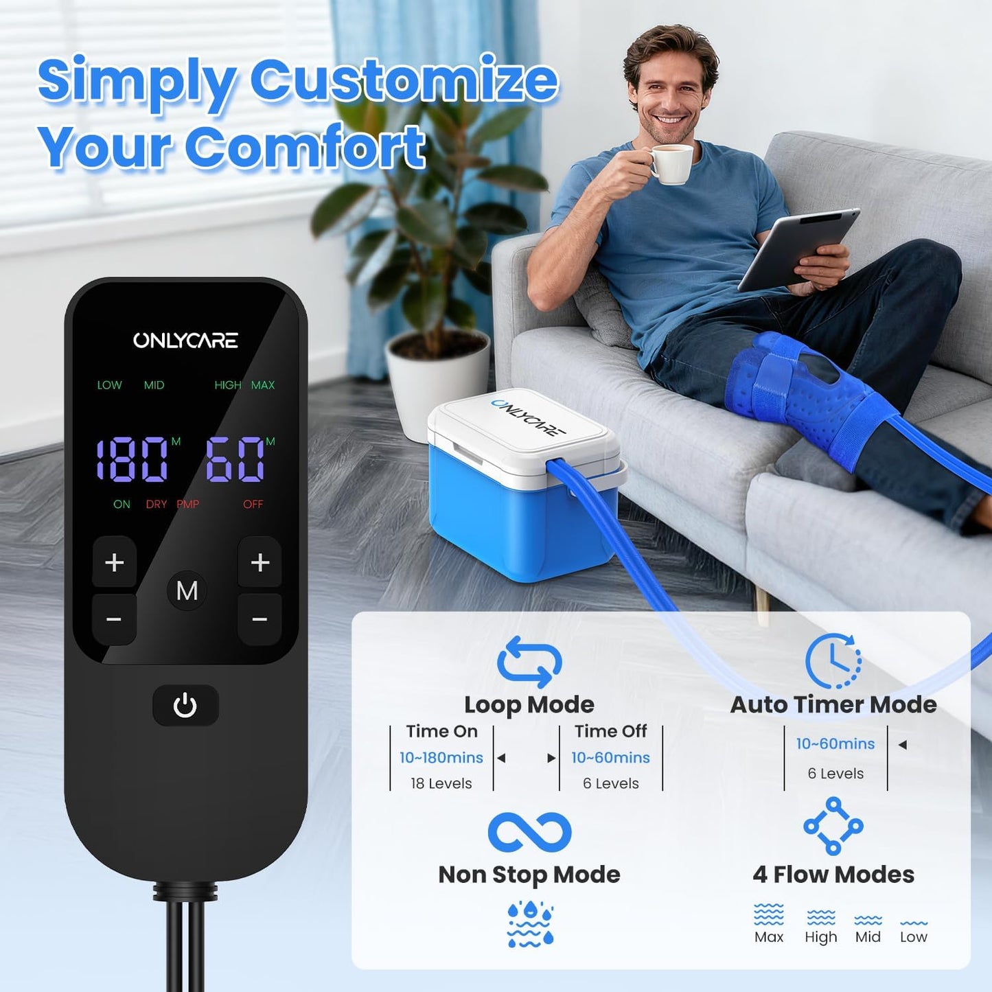 ONLYCARE Ice Machine for Knee After Surgery, Portable Cold Therapy Machine, Program Timer Knee Ice Cryotherapy Machine with Quiet Pump, Cold Compress Pad for Ankle, Arm Joints, Sports Injuries