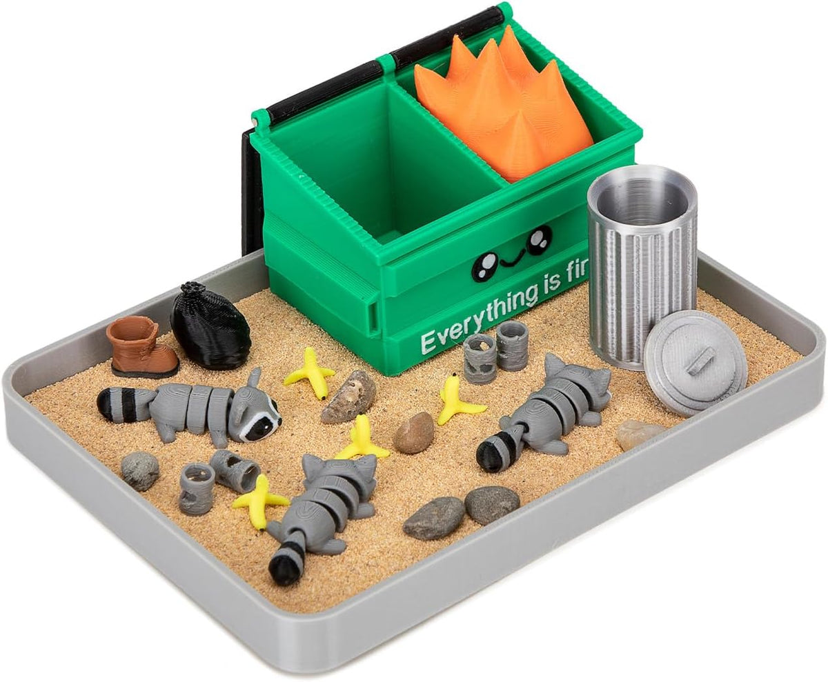 Stylor Dumpster Fire Zen Garden Desk Decor - 3D Print Plastic Miniature Sandbox with Raccoon & Flames, Humorous Office Stress Relief Gift, Includes Stones, Sand & Accessories