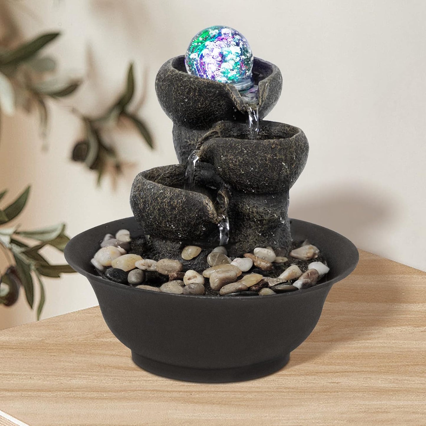 Ferrisland Indoor Tabletop Water Fountain, Desktop & Table Waterfall Fountains, Relaxation Fengshui Home Decor with LED Light for Home Office Bedroom House Warming Gift Idea (Three Stairs)