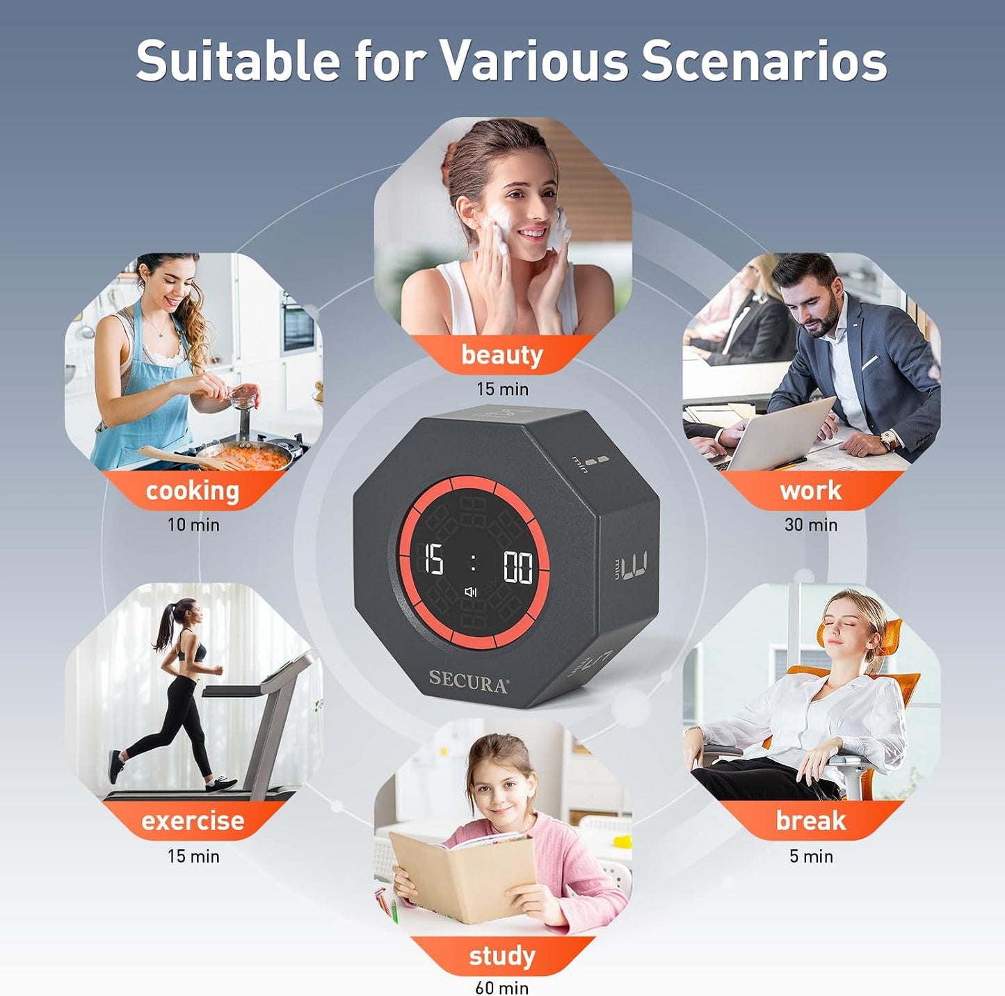 Secura Pomodoro Timer for ADHD & Productivity, Flip Cube Timer with 7 Presets (1/3/5/10/15/30/60 Min), Visual Countdown Progress Bar for Work, Study, Kids & Desk (White)