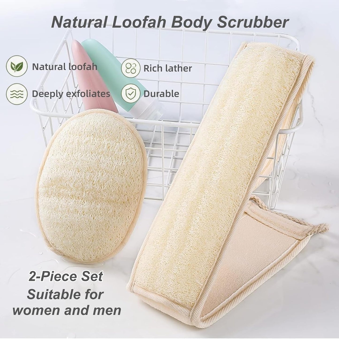 Natural Loofah Exfoliating Body Scrubber, 2-Piece Set, Includes Loofah Back Scrubber + Loofah Sponge, Bath Shower Loofah Scrubber for Men & Women, to Clean Body Deeply, Invigorate Your Skin