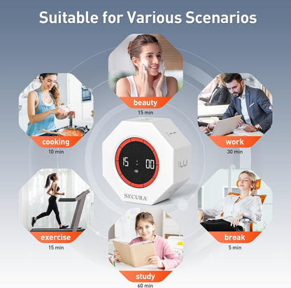 Secura Pomodoro Timer for ADHD & Productivity, Flip Cube Timer with 7 Presets (1/3/5/10/15/30/60 Min), Visual Countdown Progress Bar for Work, Study, Kids & Desk (White)