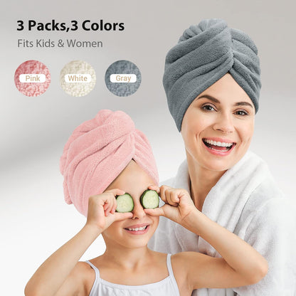YFONG 3 Pack Microfiber Hair Towel Wrap for Women Girls, Super Absorbent Turban Towels for Drying Wet Hair, Anti Frizz Head Towels for Curly All Hair Style, Turbie Twist (Blue, Pink, White)