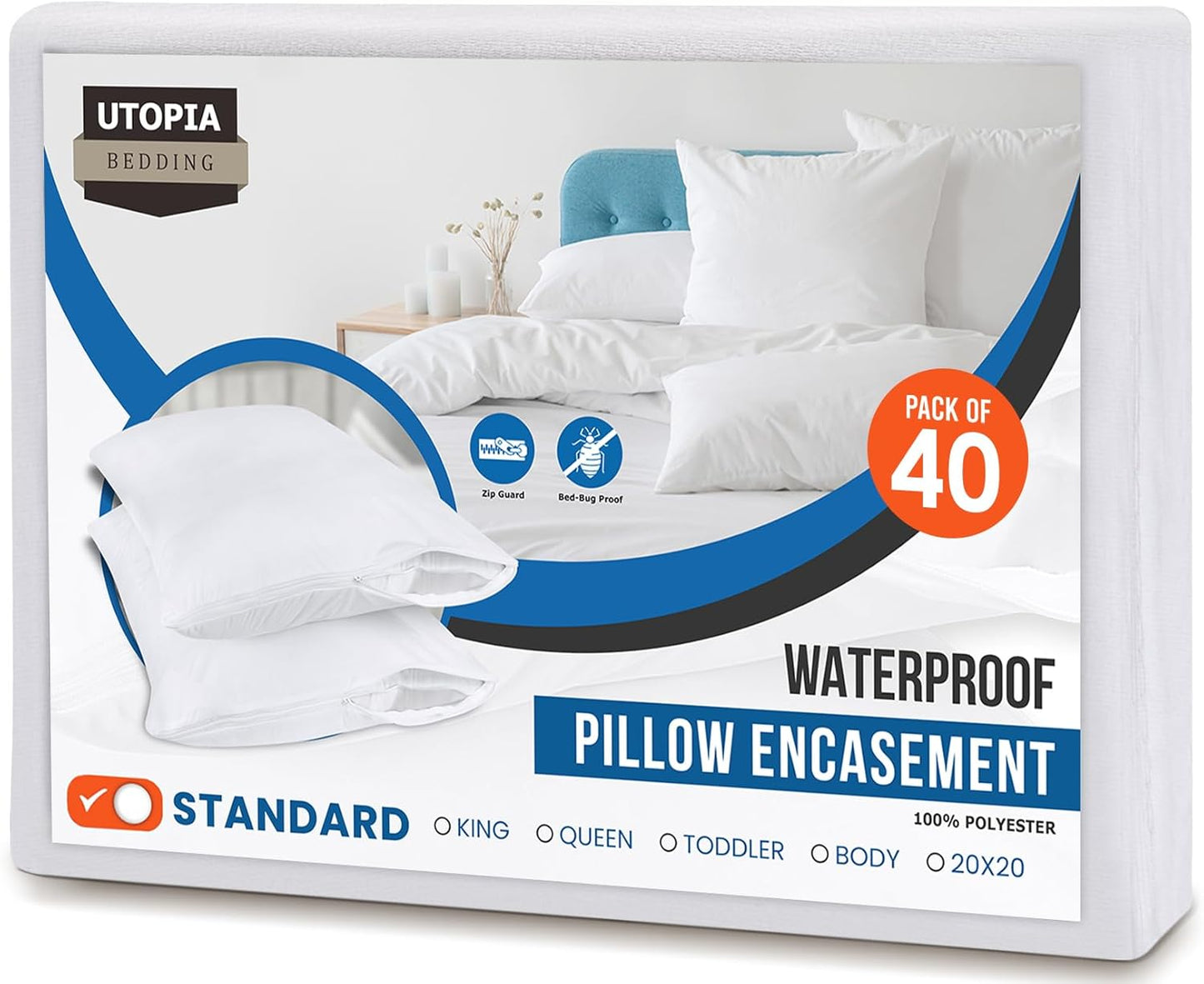 Set of 4 Pillow Protectors with Zipper Standard Size, Bed Bug and Dust Mite Proof Pillow Covers, Ultra Soft Pillow Encasements, Moisture Wicking and Waterproof Pillow Cases by Utopia Bedding (White)