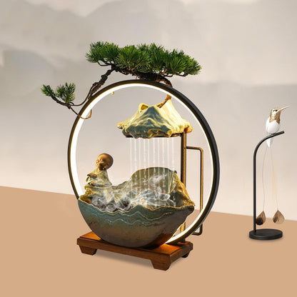 Mini Artificial Bonsai Tree Waterfall Fog Feature Rock Tabletop Fountain | 11in Desktop Decor Waterfall Fountain W/ Water Pump& Atomizer&LED Lights &Fake Tree Office Bedroom Relax