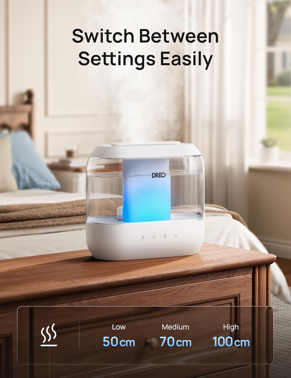 Dreo Humidifiers for Bedroom, 4L Top Fill for Large Room, 36H Runtime, 28 dB Quiet Supersized Cool Mist Air Humidifier for Baby Nursery, Plants, Indoor, Night Light, Easy to Clean & Fill, Black