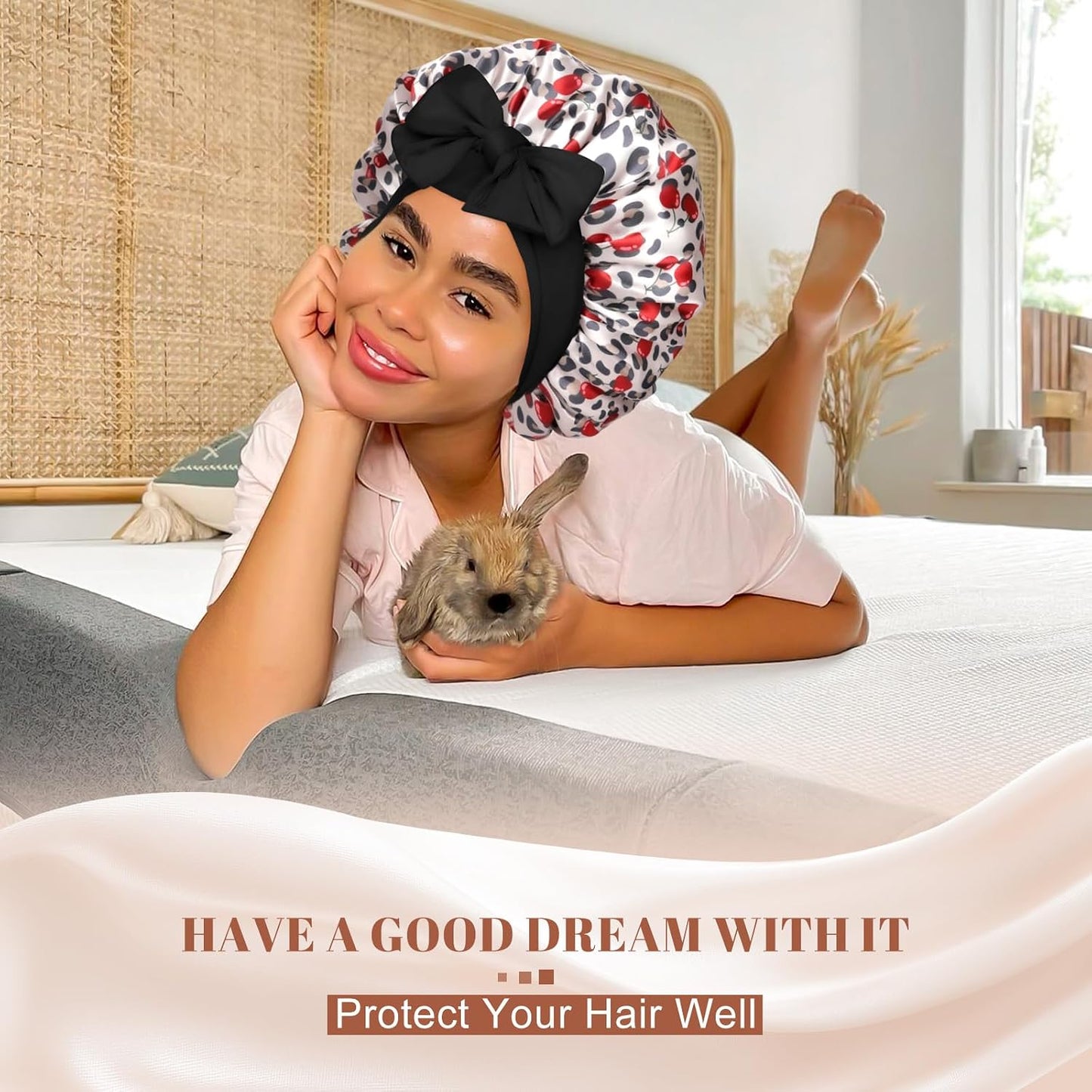 Satin Bonnet for Sleeping Cap Double Layer Hair Bonnet with Elastic Tie Band for Curly Hair Night Cap (Bean Paste + Pink)