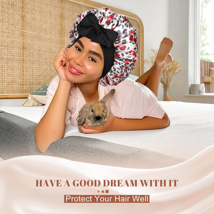 Satin Bonnet for Sleeping Cap Double Layer Hair Bonnet with Elastic Tie Band for Curly Hair Night Cap (Bean Paste + Pink)