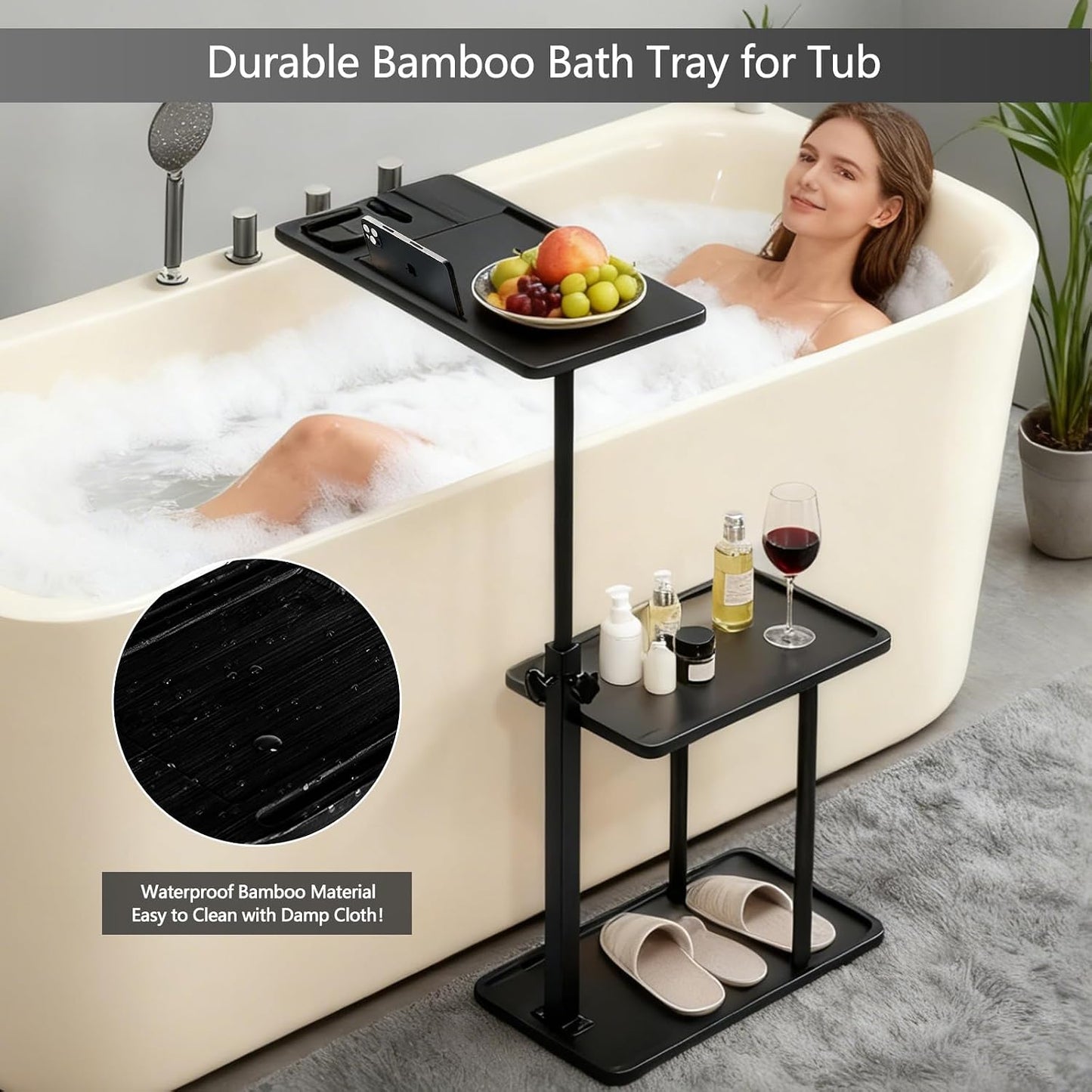 3 Layer Bathtub Tray Table,Bamboo Swivel Bathtub Side Table Height Adjustable,Freestanding Bathtub Tray for Tub Against Wall,Bathtub Accessories&Bathroom Organizer for Luxury Home Spa (Black)