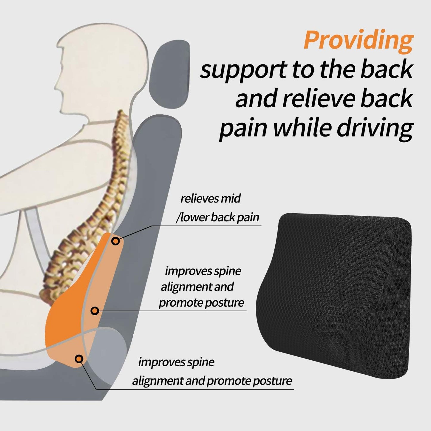 Memory Foam Lumbar Support Pillow for Car - Lower Back Support Cushion for Driving, Back Pain Relief for Car Seat, Office Chair, Wheelchair (Gray)