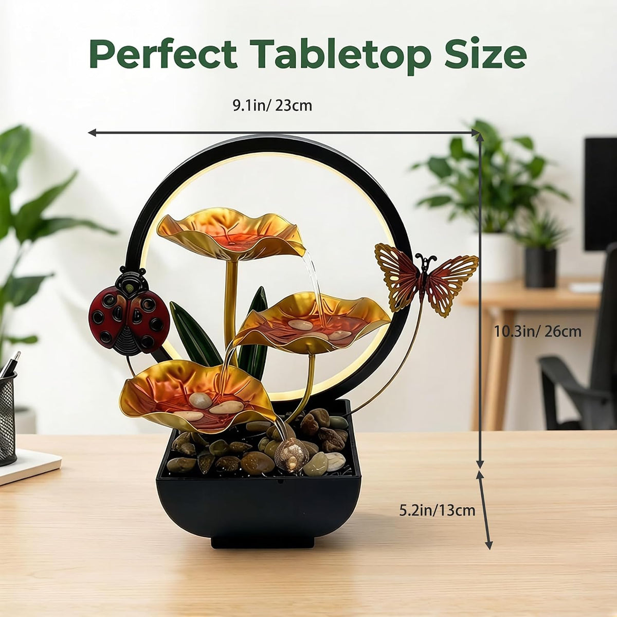 Tabletop Fountain,Indoor Water Fountain,Home Fengshui Décor Zen Relaxation Soothing Sound Machine for Office,Living Room,or Bedroom,Green Lotus,Hummingbird & Pink Flower,9.1inch