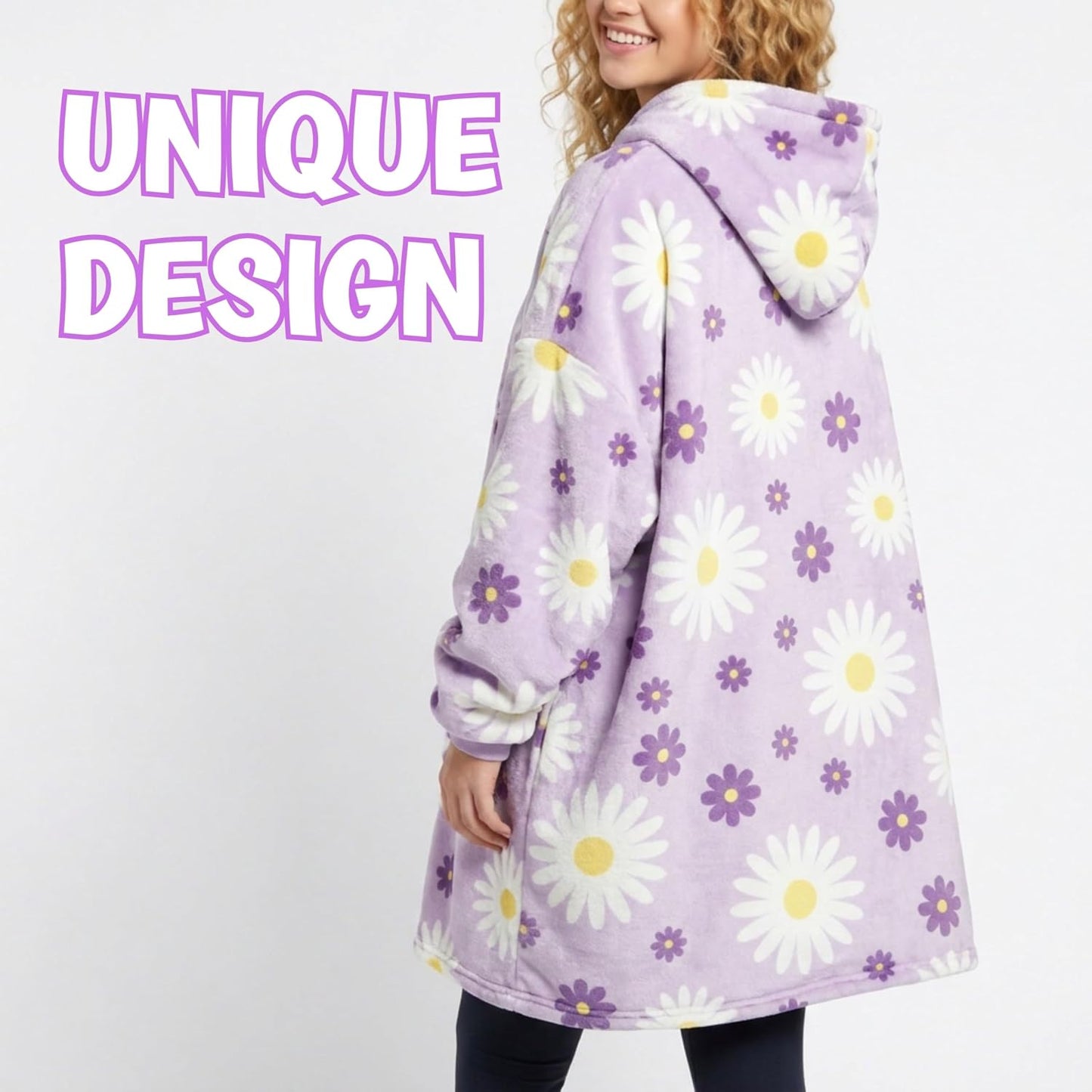 Huglanket Daisy Flower Gifts, Wearable Oversized Flannel Hooded Blankets