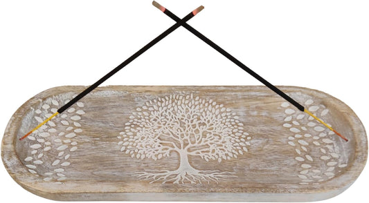 VANIYA CRAFTS® Wooden Handmade Tree of Life Design Boat Shape Incense Holder Stand Insence Tray for Home Decor Restaurant (11X4, Natural Black)