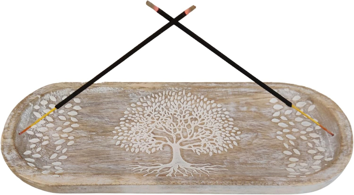 VANIYA CRAFTS® Wooden Handmade Tree of Life Design Boat Shape Incense Holder Stand Insence Tray for Home Decor Restaurant (11X4, Natural Black)