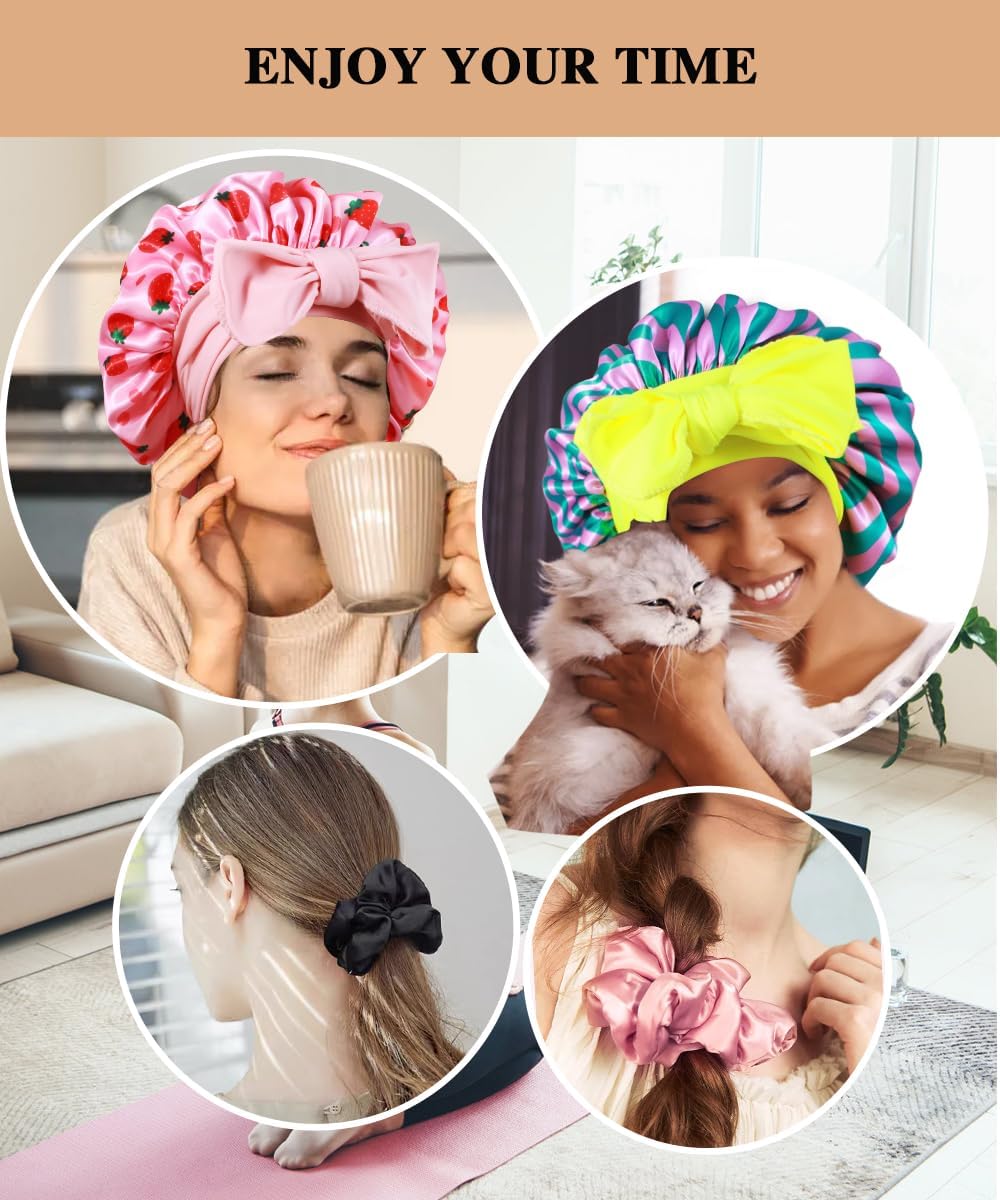 2+3 Large Satin Bonnets with Scrunchies for Women, Hair Bonnet Sleeping Tie Bonnet for Braids Curly Hair