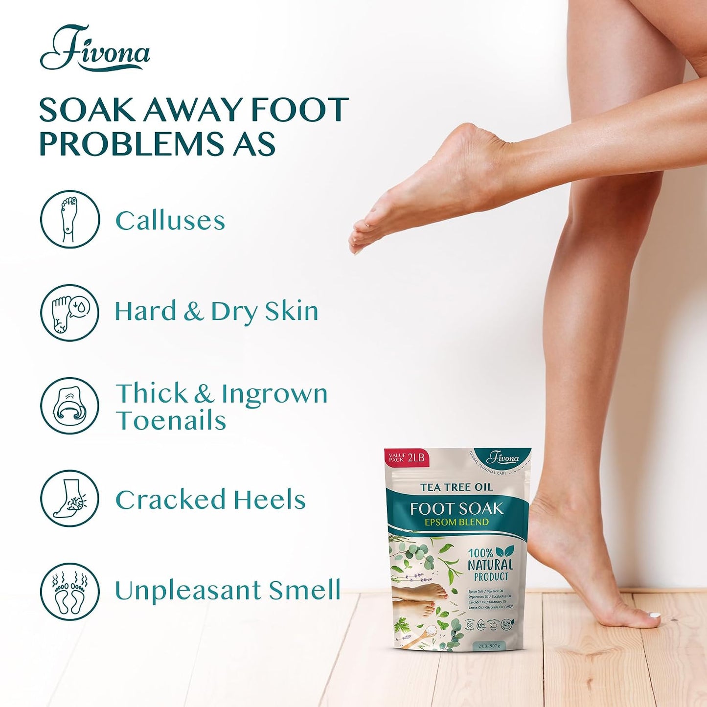 Fivona Tea Tree Foot Soak Blend 14.1 oz - Epsom Salt with Essential Oils for Healthy Toenails, Soothing Relief, Callus Softening - Pedicure Therapy for Soft, Rejuvenated Feet