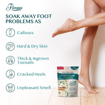 Fivona Tea Tree Foot Soak Blend 14.1 oz - Epsom Salt with Essential Oils for Healthy Toenails, Soothing Relief, Callus Softening - Pedicure Therapy for Soft, Rejuvenated Feet