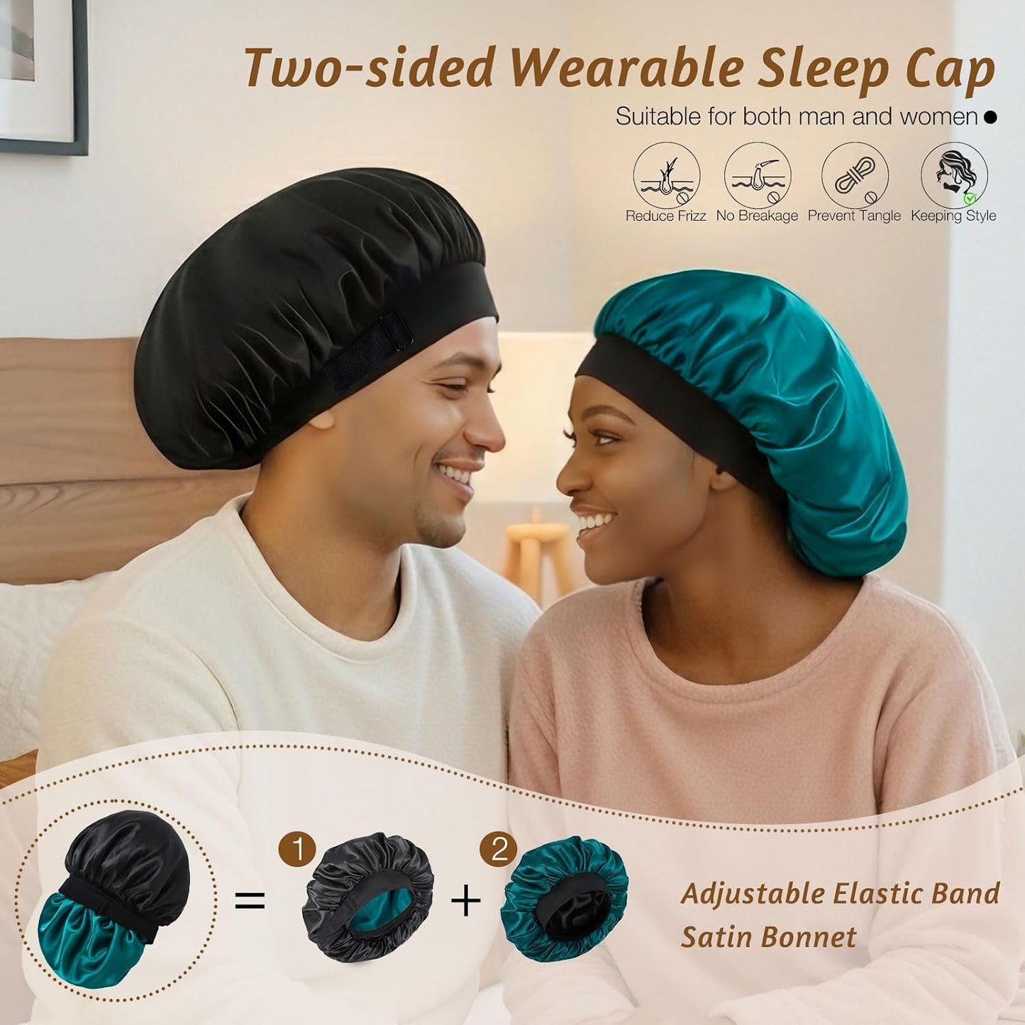 Silk Bonnet for Sleeping Double Layer Satin Bonnet Adjustable Bonnets for Black Women Sleep Cap Reversible Hair Bonnet for Curly Hair (Black and Purple)
