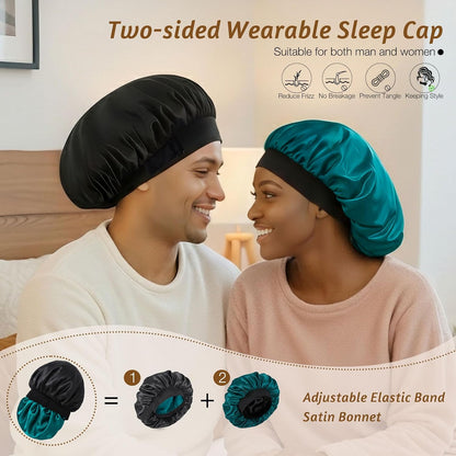 Silk Bonnet for Sleeping Double Layer Satin Bonnet Adjustable Bonnets for Black Women Sleep Cap Reversible Hair Bonnet for Curly Hair (Black and Purple)