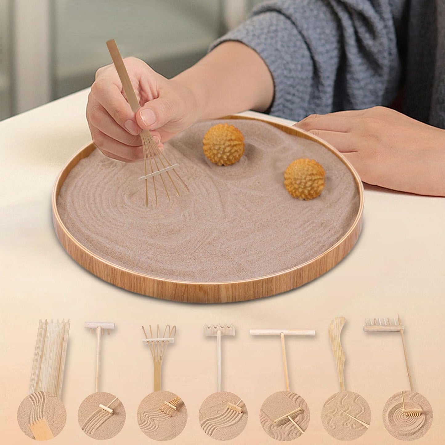 Japanese Zen Garden for Desk, Dorhui Sand Tray Therapy Kit Meditation Gifts - 12”Large Round Bamboo Tray, 7Pcs Mini Zen Garden Rake Kit, Stamp Spheres for Home, Office, and Classroom