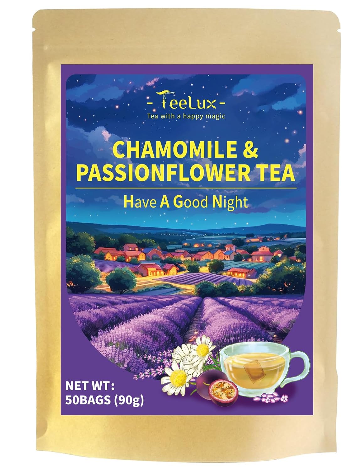 TeeLux Chamomile Passionflower Tea Bags, Smooth & Soothing Taste, 50 Count