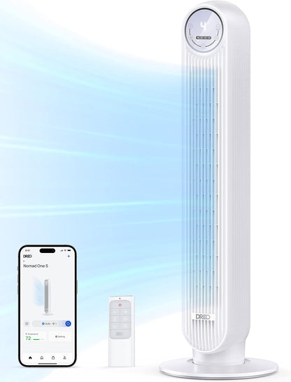 DREO Tower Fan for Bedroom, 2026 Upgraded DC Motor, 28ft/s Smart Standing Fans, 90° Oscillating Floor Fan with 20dB Ultra Quiet, 8 Speeds 4 Modes, 8H Timer, Bladeless, Remote, WiFi Voice Control