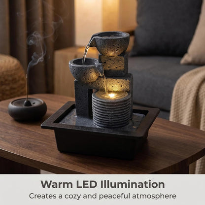 Tabletop Water Fountains, 10.6" Indoor Waterfall with Relaxing Warm Lights & Quiet Pump, Small Soothing Sound Machine, Feng Shui Decor for Good Luck, Relaxation & Meditation