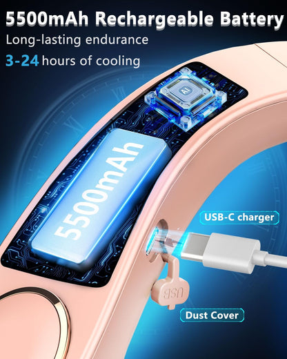 FWV Neck Fan with Cooling Plate, Quiet 30dB, 3-24Hrs Cooling,5500mAh Battery,LED Display Necklace AC Cooler, USB Bladeless Portable Personal Wearable Fans that Blow Cold Air for Men Women Kids Black