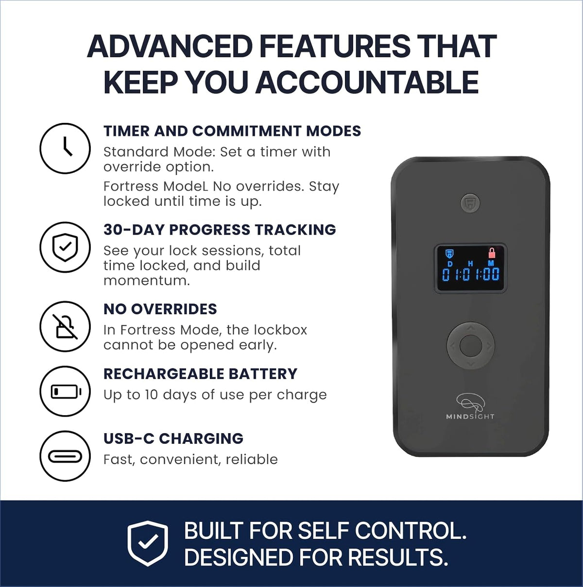 Mindsight Personal Timed Lock Box | Beat Everyday Temptations & Screen Time | 3 Commitment Modes | Fits 1 Phone with Standard Case | Charges While Locked | Out of Sight, Out of Mind