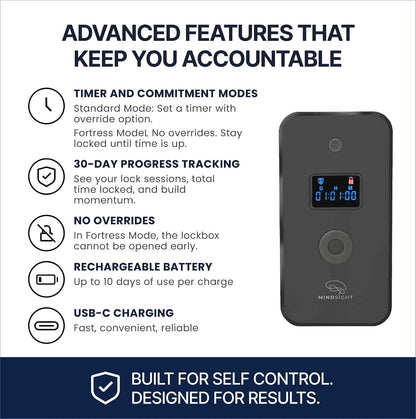 Mindsight Personal Timed Lock Box | Beat Everyday Temptations & Screen Time | 3 Commitment Modes | Fits 1 Phone with Standard Case | Charges While Locked | Out of Sight, Out of Mind
