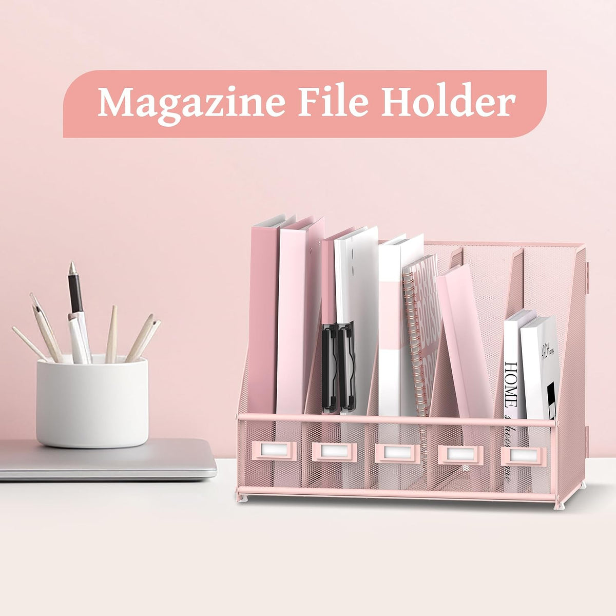 SUPEASY Desk Organizers Metal Desk Magazine File Holder with 5 Vertical Compartments Rack File Organizer for Office Desktop, Classroom, Home Workspace, Black