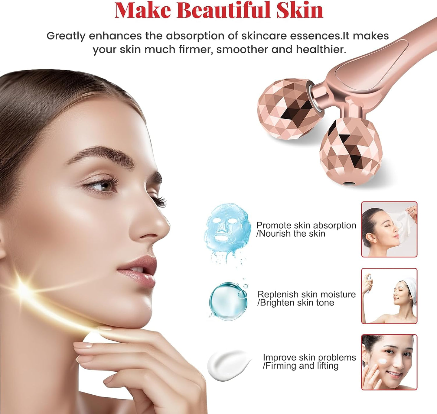 Wireless Face Massager Tool, 8-Roller 3D Face Roller for Women, LED Facial Massager,V-Shape Face Sculpting Tool for Jawline, 6 Light & Vibration Modes, USB-C Rechargeable