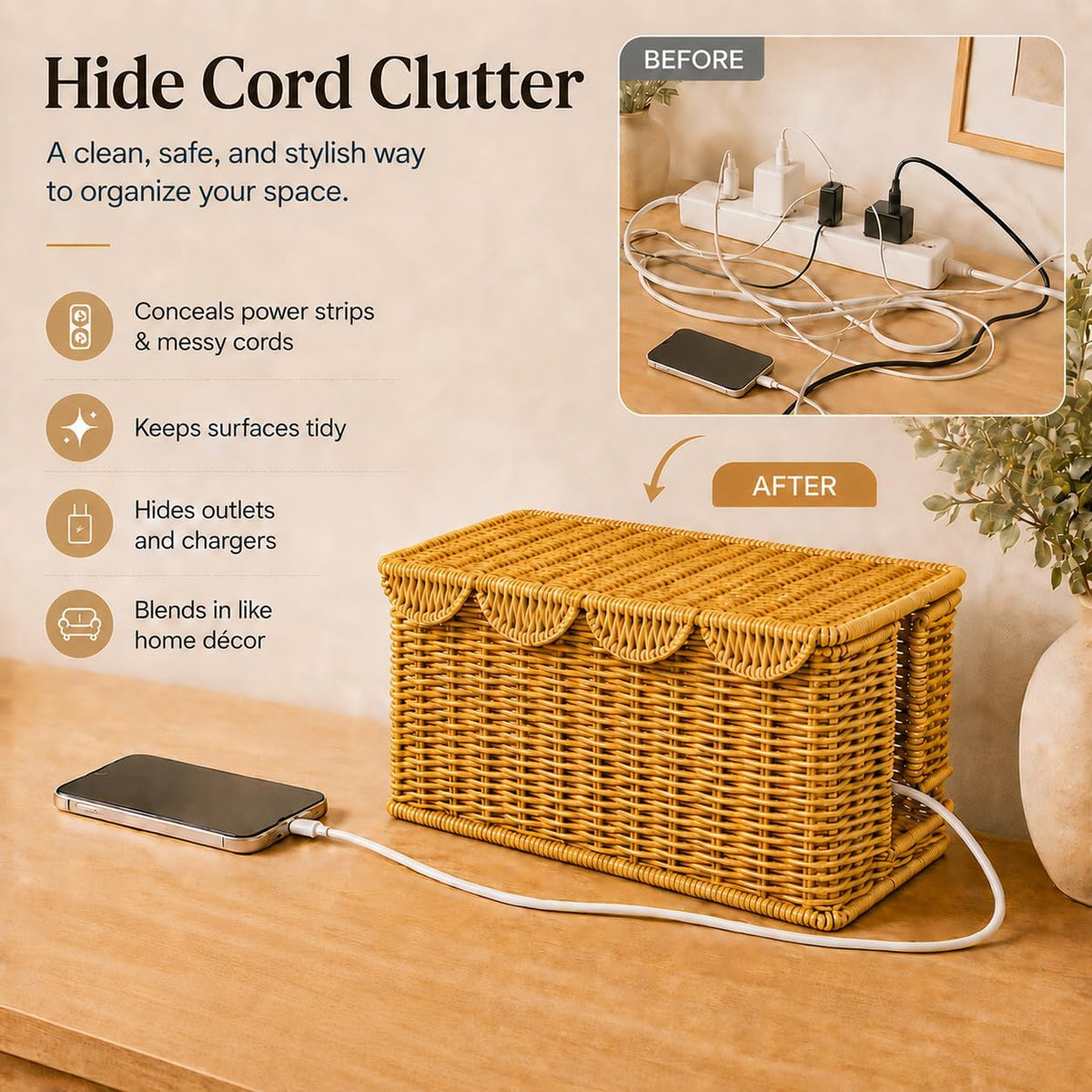 Cable Management Box, Faux Rattan Cord Organizer Basket for Power Strips