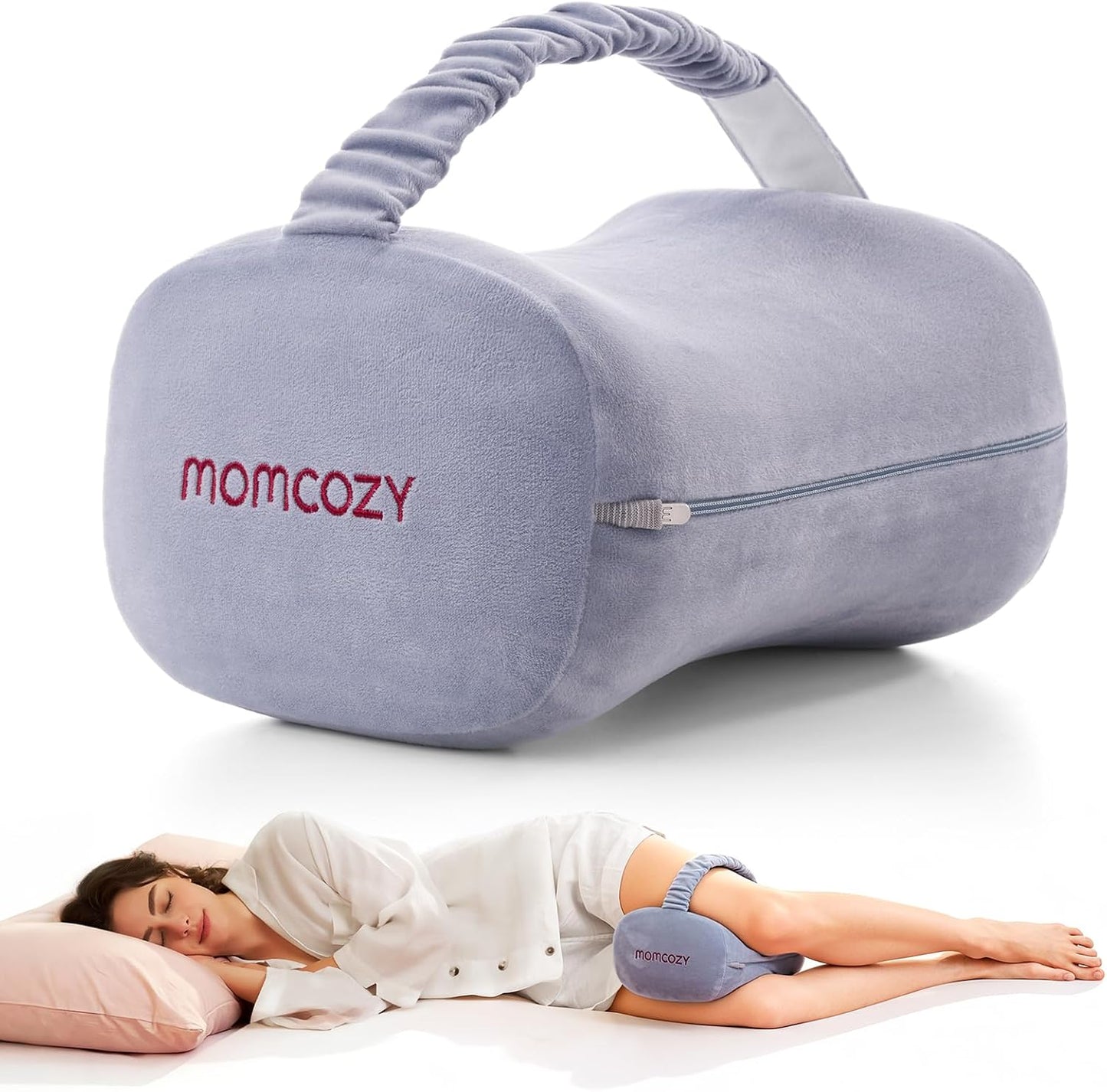 Momcozy Knee Pillow for Side Sleepers, Soft Memory Foam & Pinch-Free Design, Relieve Knee, Leg and Sciatica Pain, Adjustable Elastic Strap Ideal for Pregnant Women and Seniors, White