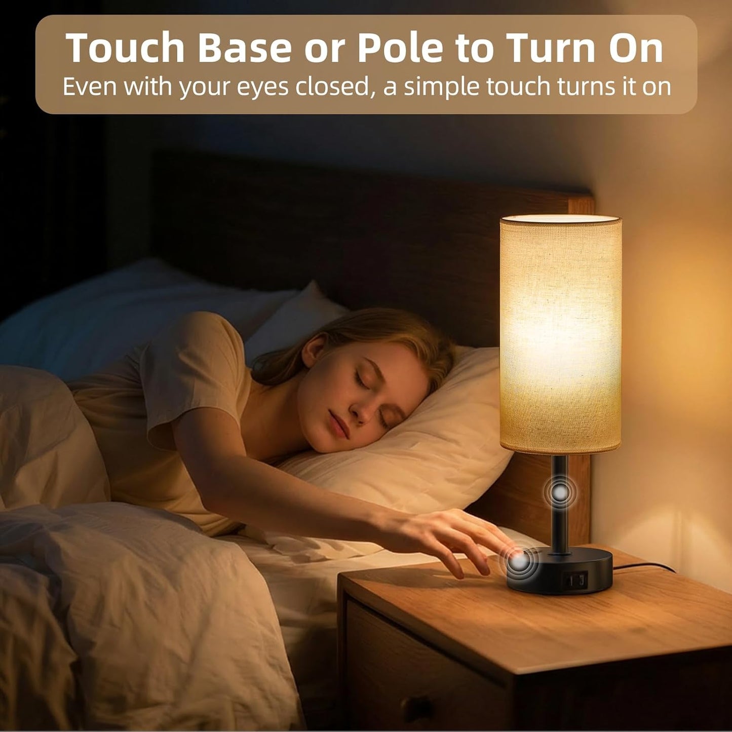 Table Lamp for Nightstand, High-Sensitivity Touch, 3-Level Dimmable Bedside Lamp with AC Outlet | USB | and USB-C, Ideal Night Stand Lamp for Bedroom, Reading, Living Room(Warm&Wooden)