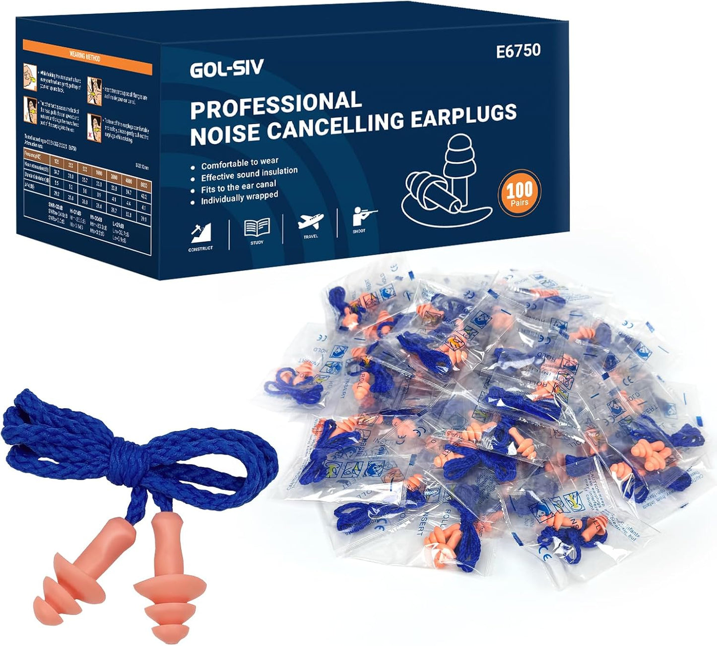 NRR 33dB Foam Ear Plugs with Cord,100 Pairs/Box，for Sleeping | Ultra-soft PU foam, fit ear canals, individually wrapped,earplugs for Construction , traveling, studying. shooting ranges