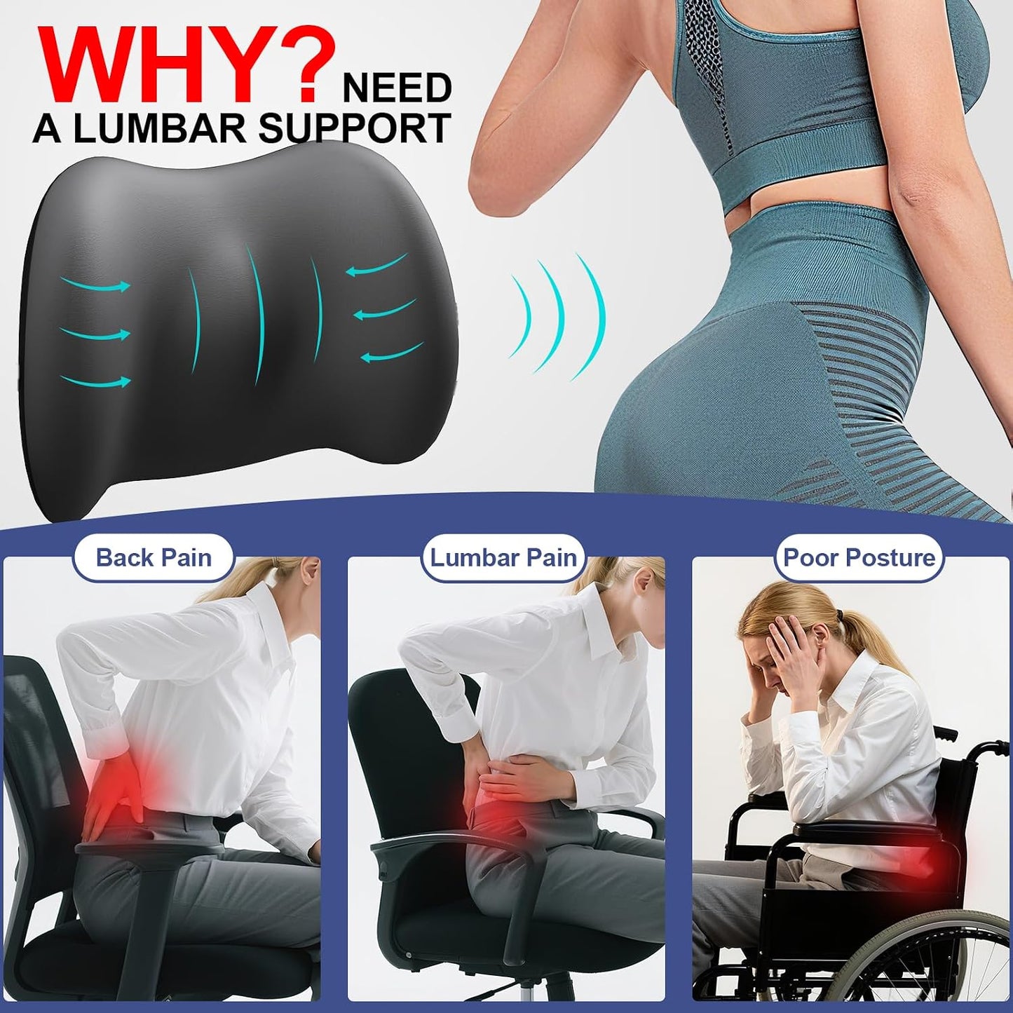 BYMECOST Lumbar Support Pillow for Car, Memory Foam Car Seat Back Support Pillow for Driving, Back Cushion with Strap for Pain Relief, Ergonomic Back Cushion for Office Chair, Wheelchair (Black)