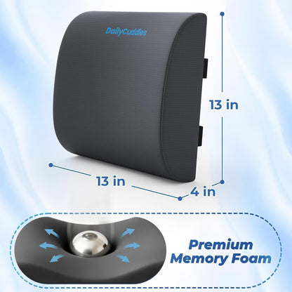 Lumbar Support Pillow for Office Chair Back Support - Memory Foam Lumbar Pillow for Car or Gaming Chair, Ergonomic Back Cushion with Adjustable Strap for Long-Hour Sitting (Black)