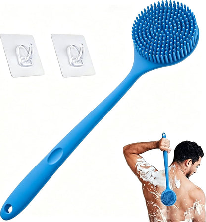 Silicone Back Scrubber for Shower, 17in Lengthen Long Handle Body Brush, Double Sided Shower Brush for Shower Exfoliating and Massage,Includes 2 Hooks (Black)