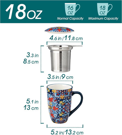 vancasso Ceramic Tea Mug with Infuser and Lid, 18 Ounce Bohemian Loose Leaf Cup, Microwave & Dishwasher Safe, Perfect for Tea, Coffee, Burnt-Cobalt Mandala