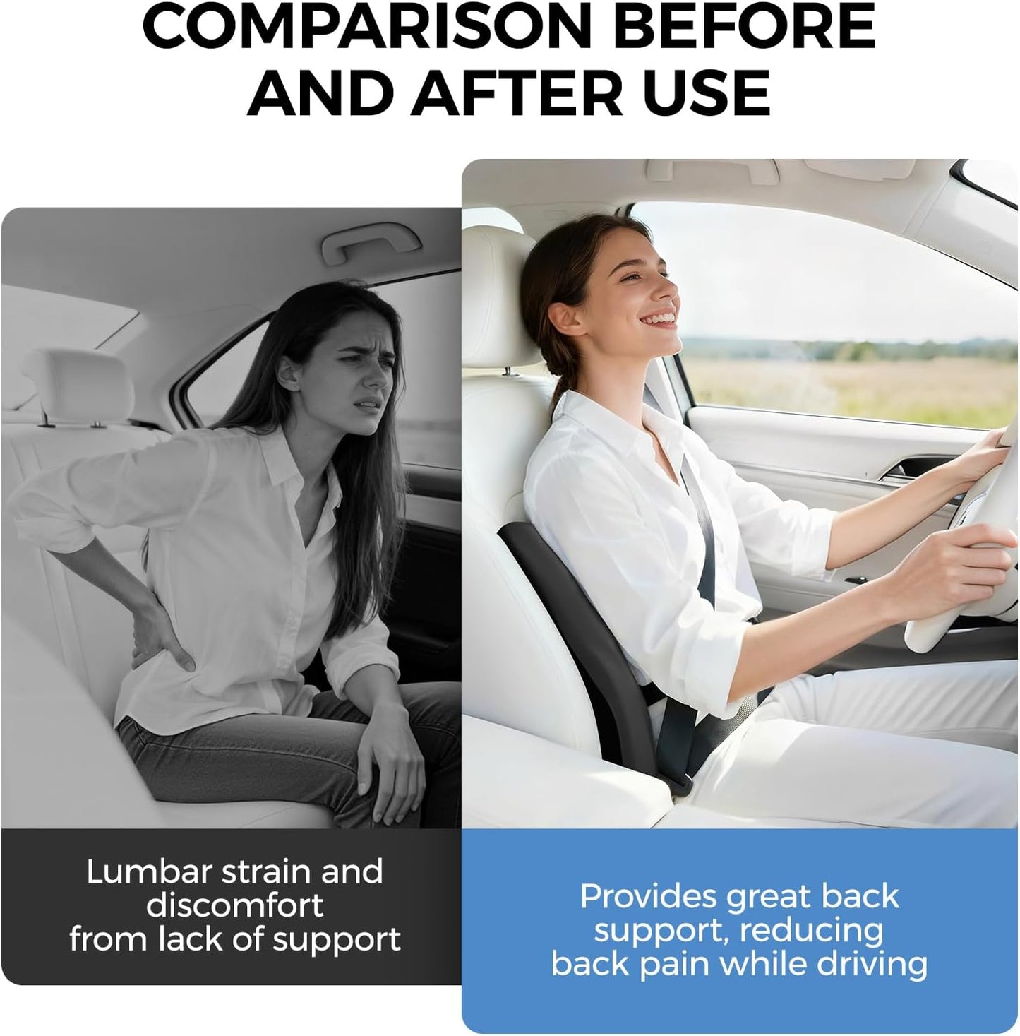 BEBAS Lumbar Support Pillow for Car, Memory Foam Back Cushion for Driving, Ergonomic Lumbar Pillow for Pain Relief, Comfort Lower Back Support for Office Chairs, Car Seat, Wheelchair -Black