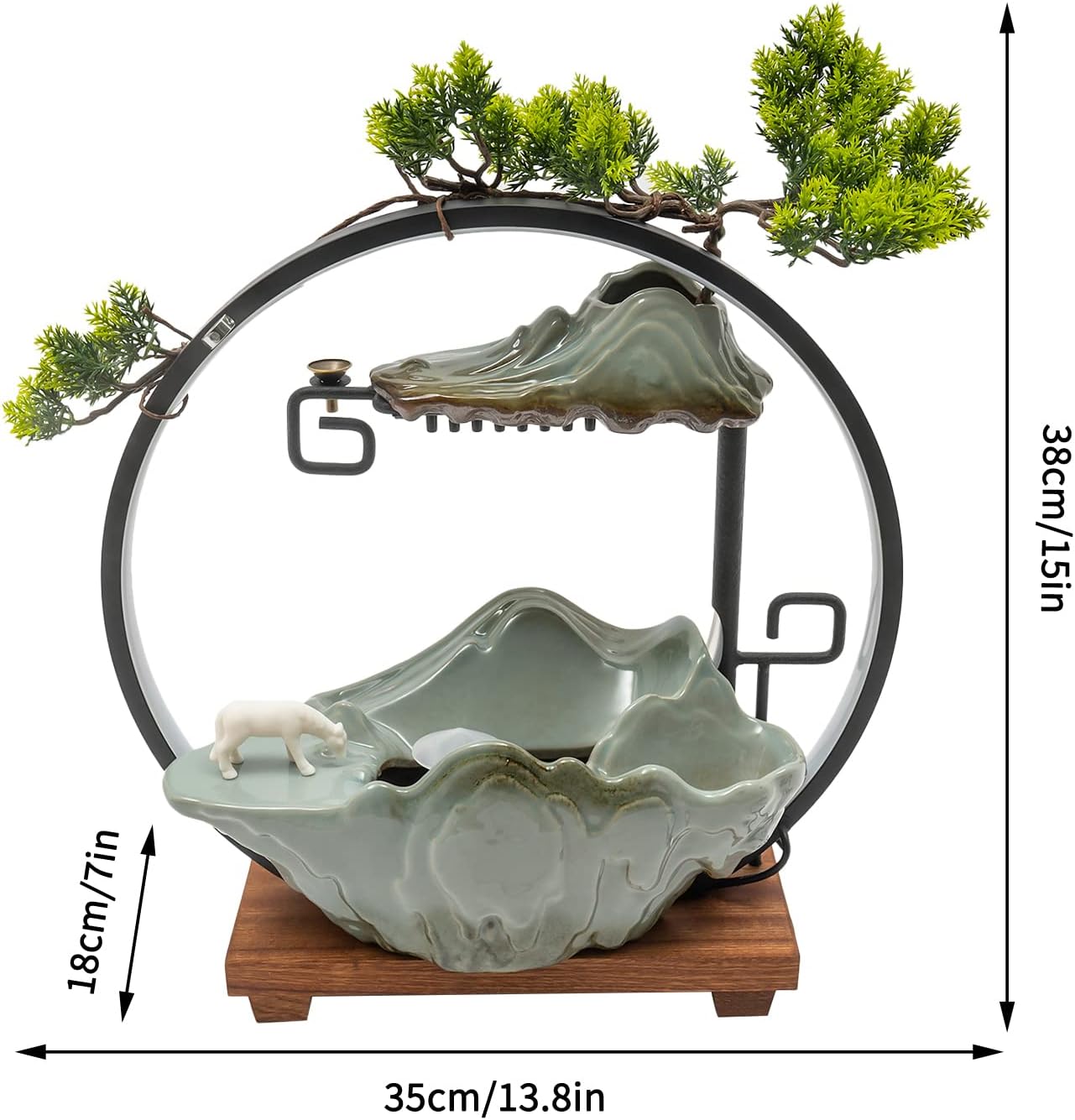 Mini Artificial Bonsai Tree Waterfall Fog Feature Rock Tabletop Fountain | 11in Desktop Decor Waterfall Fountain W/ Water Pump& Atomizer&LED Lights &Fake Tree Office Bedroom Relax