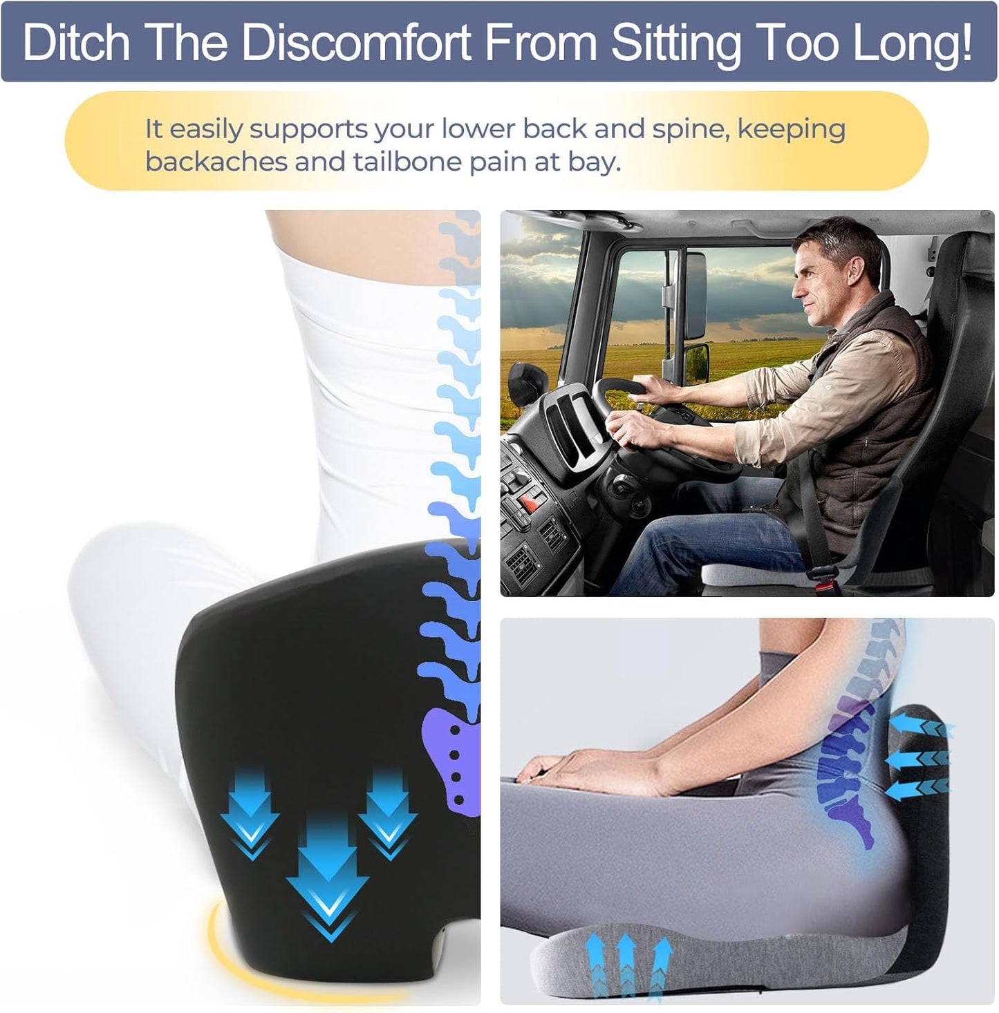 Car Seat Cushion, Memory Foam Driving Cushion with Adjustable Strap, Ergonomic Pad for Car & Semi Truck, Office Chair Cushion for Sciatica & Lower Back Pain Relief, Dark Gray
