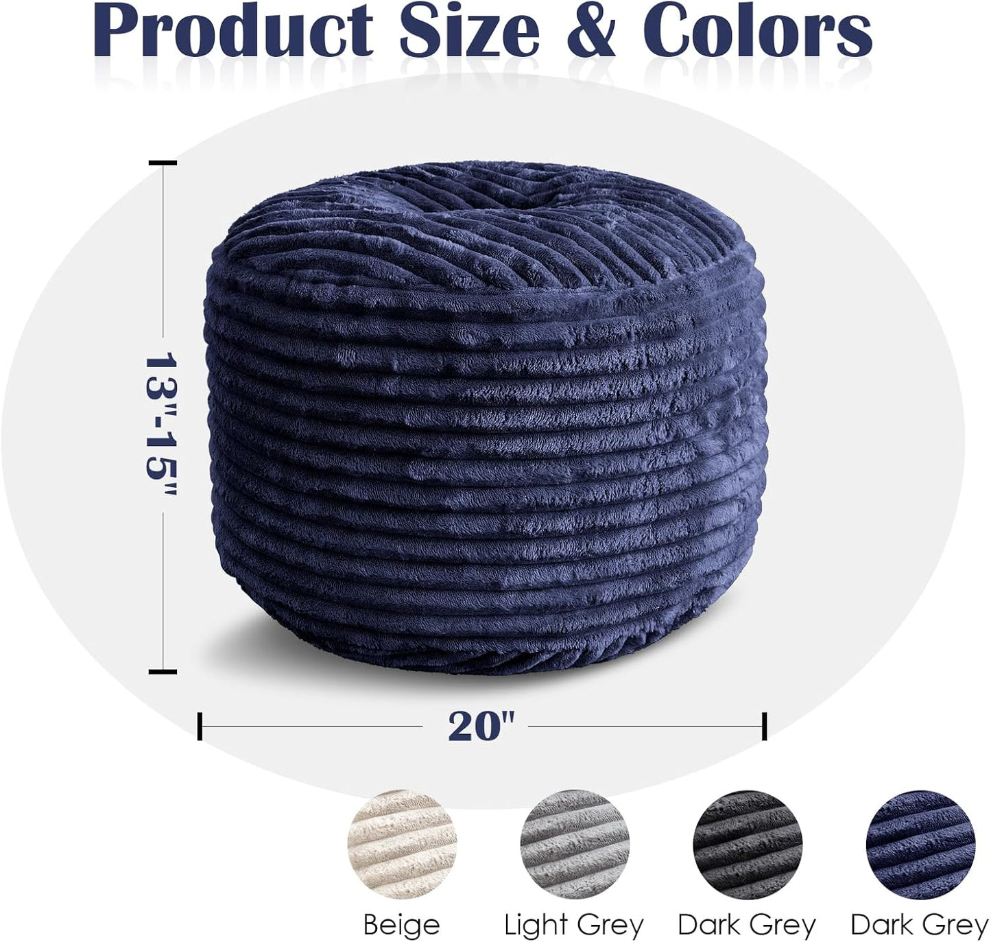 SHOUREN Stuffed Round Ottoman,Corduroy Pouf Ottoman Foot Rest with Foam Filling,Pouf Storage Ottoman Footstool for Living Room,20 X 15 Floor Poufs for Couch,Footrest Only - 20 X 15 Inches,Beige