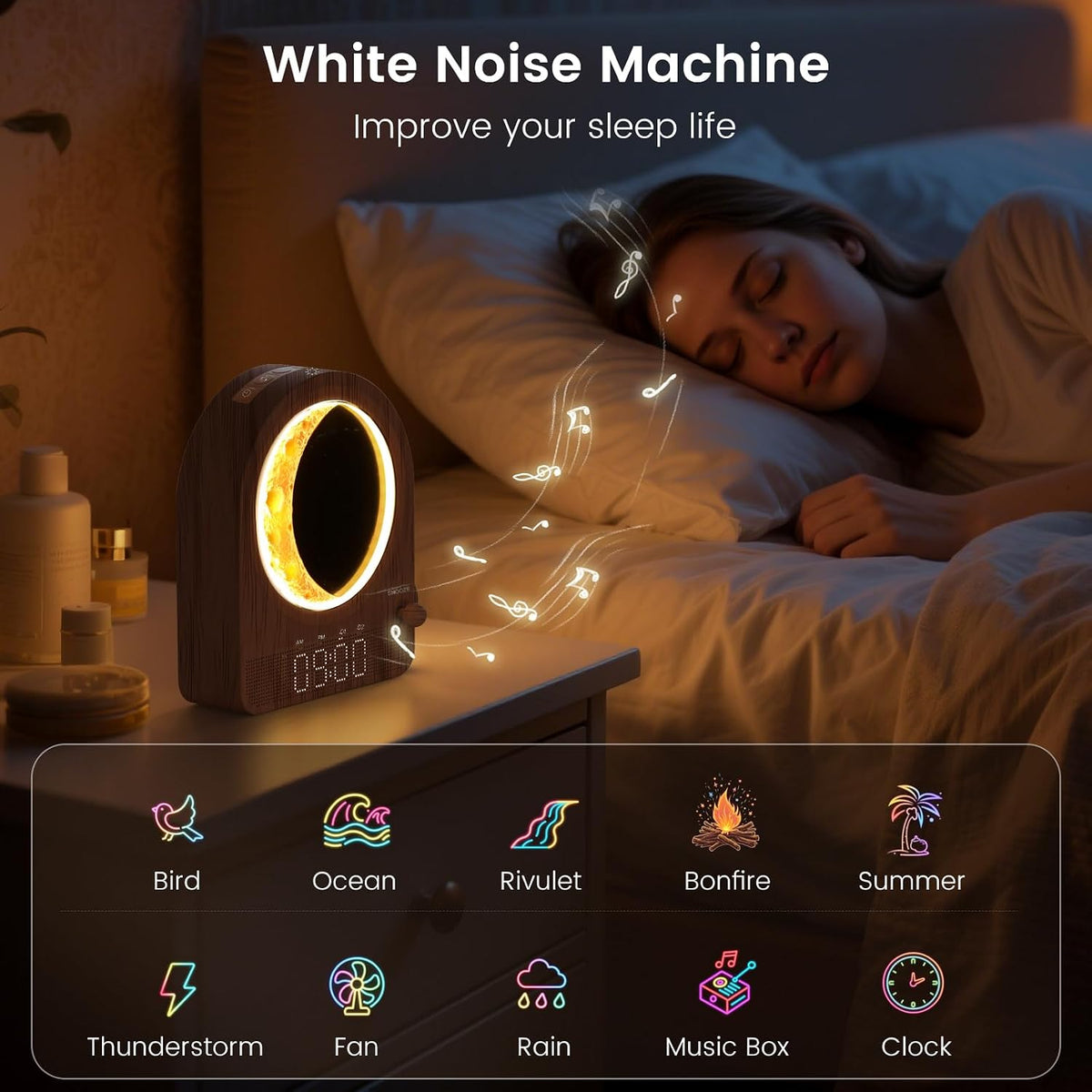 Sunrise Alarm Clock, White Noise Machine, Wood Grain