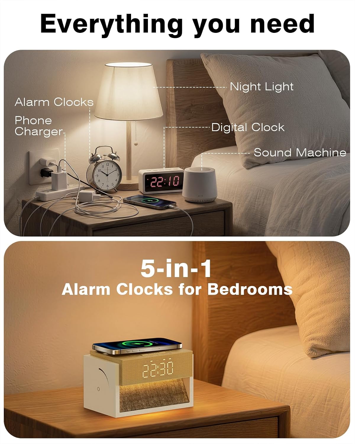 Sunrise Alarm Clock with Wireless Charger, White Noise Sound Machine with 20 Soothing Sounds, Wake Up Light Sunlight Simulator, Bedroom Desk Clock for Heavy Sleepers Kids Adults