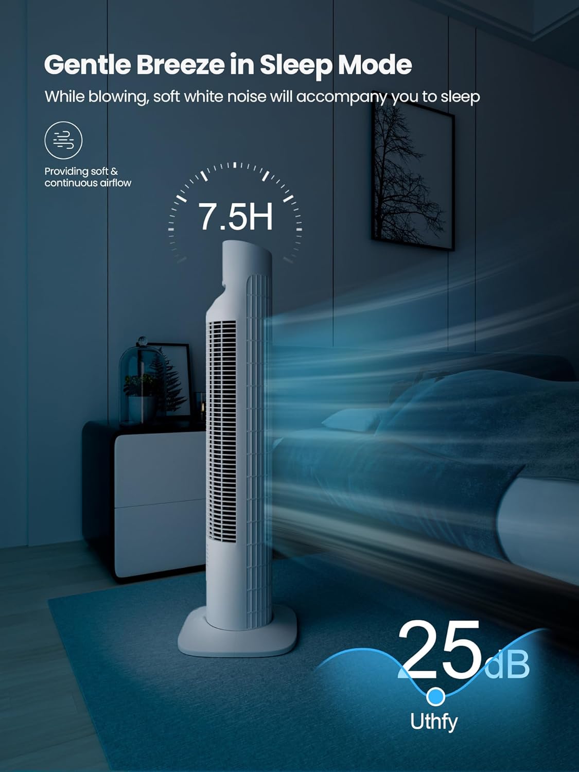 Uthfy Tower Fan with Remote, Portable 120° Oscillating Standing Fan, 3 Speeds & 3 Modes, 7.5H Timer, Fans That Blow Cold Air for Bedroom, Living Room, Office, Black